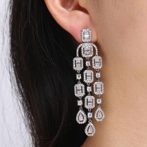 14K White Gold Crystal Chandelier Earrings Dainty Moissanite Drop Dangle